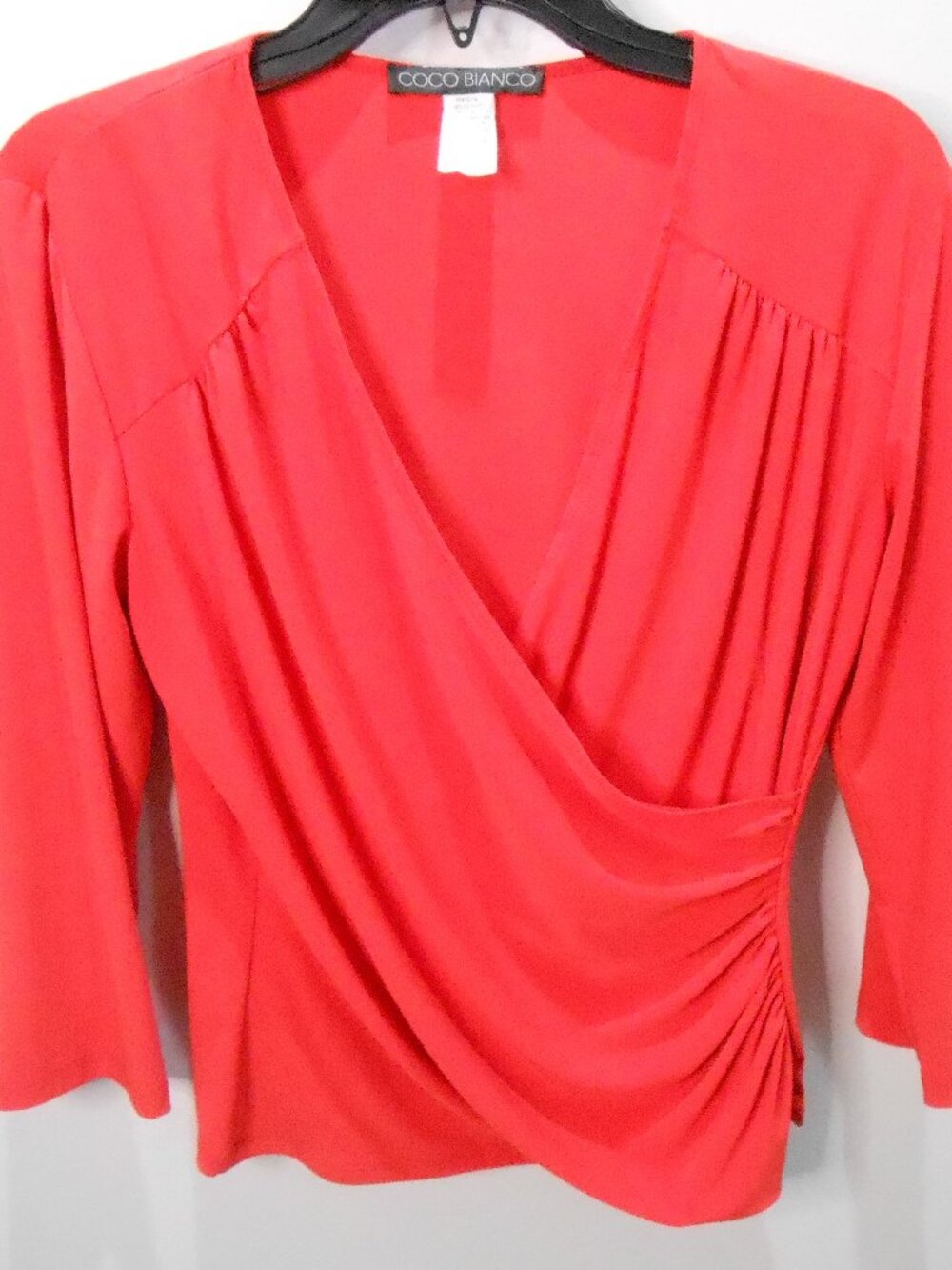 Coco Bianco Women's Red Faux Wrap Bodice Long Sleeve Pleated Blouse Size-M